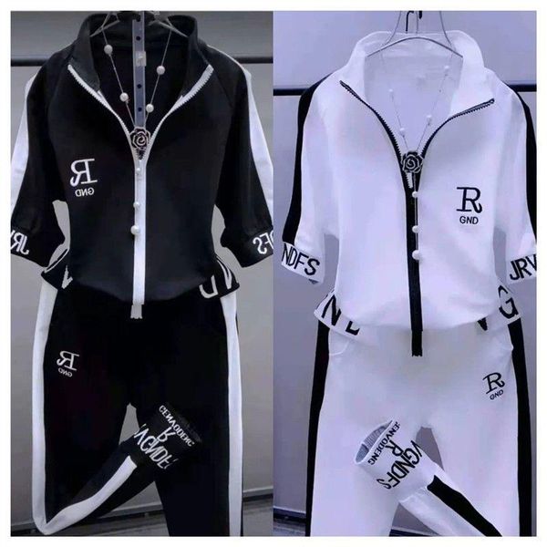 

pants women's tracksuit 2022 summer new slim fashion suit short sleeve hooded sweater pants two piece set for women plus size clothing, White