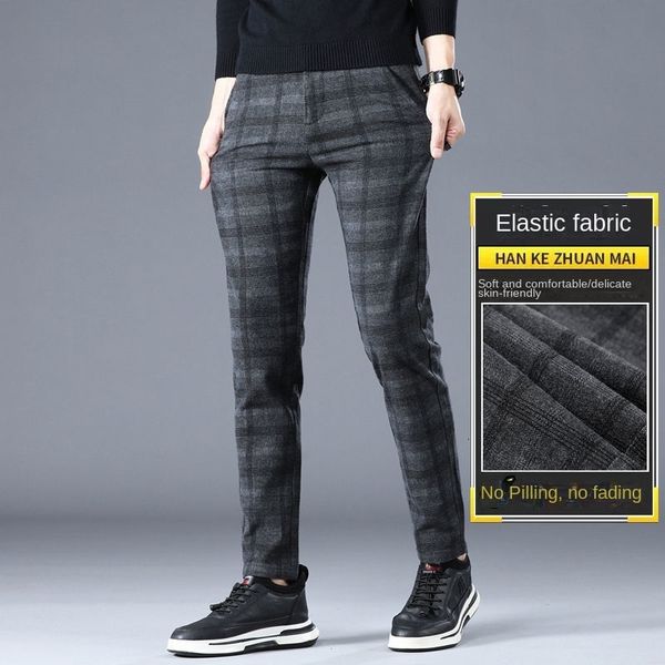

men's pants spring autumn england plaid work stretch pants men business fashion slim fit grey blue casual pant male brand trousers 38 2, Black