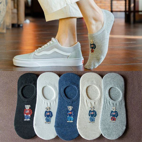 

socks hosiery 5pairslot fashion mens boat nonslip invisible silicone cotton ankle slippers cartoon bear summer autumn 230512, Black;white