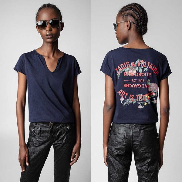 

23ss zadig voltaire women designer t shirt summer cotton new classic letters behind flower diamond u-neck women's short-sleeved, White