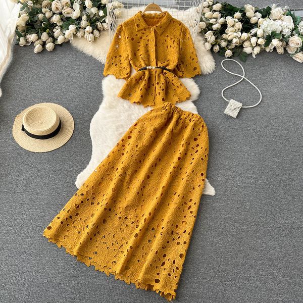 

two piece dress summer suit ruffled polo short shirt medium length pleated half dress two piece set 230512, White