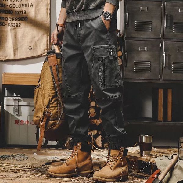 

men's pants khaki cargo pants men drawstring ankle length 9 part trousers streetwear fashion cotton pants men casual work pants 230512, Black