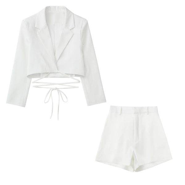 

two piece dress women white cropped blazer with ties and highwaist shorts chic lady summer elegant fashion 2 set ensemble femme 230512