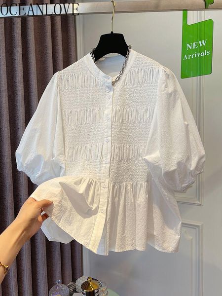 

shirts oceanlove single breasted women shirts solid puff sleeve japan style summer loose blouses pleated ins vintage fashion blusas, White