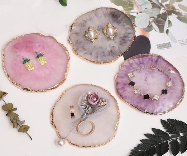 

jewelry pouches bags resin display plate ring earing necklace ornament board decorative case po props gold edge colorful tray4192151, Pink;blue