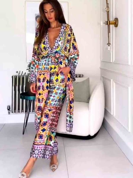 

two piece dress womens clothing fashion belt printed kimono style jacket casual retro long sleeve split design female chic homewear se 23051, White