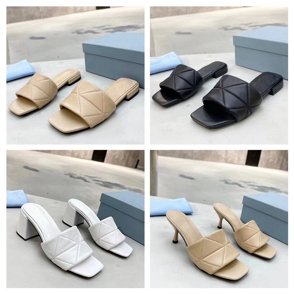 

women heel sandals designer soft real leather slippers triangle flat slides flip flops mules casual luxury sandels summer 10a quilted nappa, Black