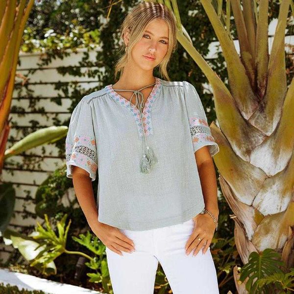 

bohemian style loose blouses half sleeve version v neck pullover women t shirt, White