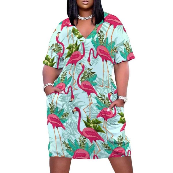 

plus size dresses pink flamingo casual woman exotic birds print cute spring short sleeve aesthetic custom size 3xl 4xl 230512, Black