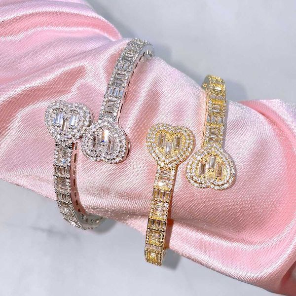 

hip hop pop luxurious wedding jewelry gold plated mosaic baguette zircon diamond heart bracelet for women, Golden;silver
