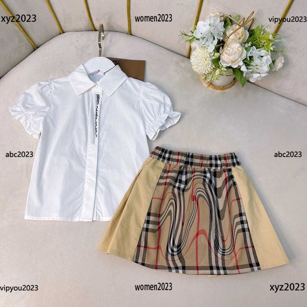 

kids clothes child sets baby dress summer 2pcs elastic cuffs with polo collar and plaid skirt new product, White