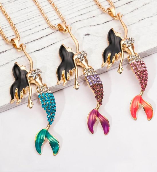 

luxury enamel crystal necklace fashion bohemian long sweater chain flasher mermaid necklaces pendants with rhinestone for wome9280666, Silver