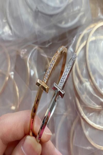 

luxury brand wedding jewelry for women t1 bangle half zircon half smooth marked name logo bracelet8565914, Black