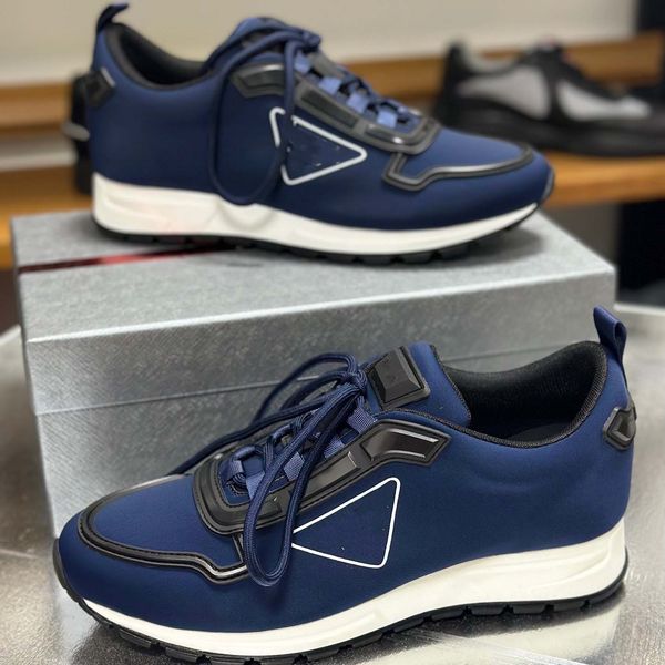 

23s/s downtown leather sneakers metal triangle shoes men technical fabric re-nylon runner outdoor sports chunky rubber sole casual walking e, Black