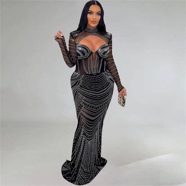 

plus size dresses size elegant sheer mesh daimonds transparent max party dress for women long sleeve zipper full length vestidos banquet gow, Black