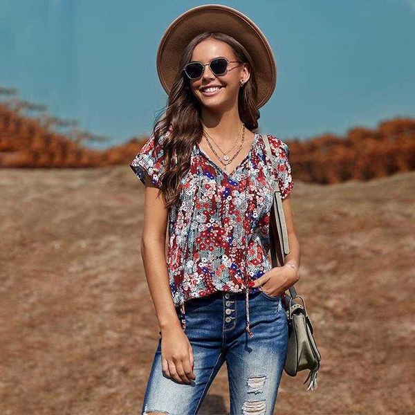 

summer floral short sleeved chiffon shirt womens loose casual v neck pullover t, White