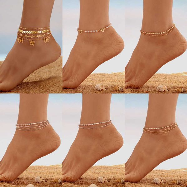 

anklets summer boho heart butterfly multilayer anklet for women gold silver color beach barefoot bracelet on leg foot chain jewelry gift aa2, Red;blue