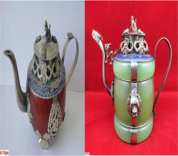 

2 style collectible decorated old handwork jade tibet silver dragon tea pot monkey lid jewelry gift christmas9334714, Golden;white