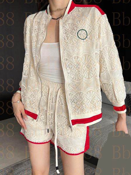 

women's customized water soluble lace embroidered zipper coat shorts set 512, Gray