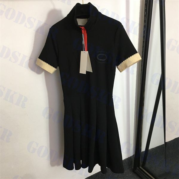 

designer womens short sleeve dress half zip stand neck dresses ladies pleated skirt t shirt skirts one piece, Black;gray