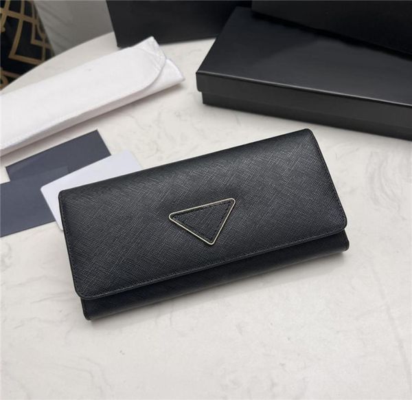 

trendy long flip money clips metal triangle icon designer wallets business style leather purse clutch bag with box5476100, Black