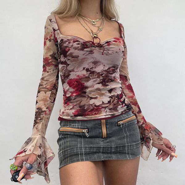 

t-shirt vintage square neck skinny crop retro floral print tshirt elegant lady women fairy grunge long sleeve ruffles tees pullover, White