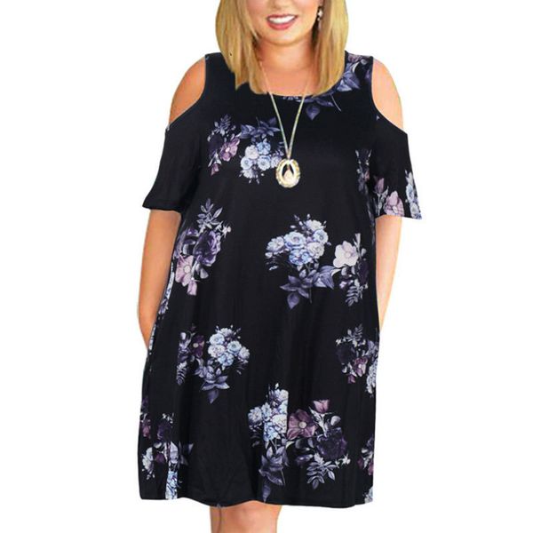 

plus size dresses big size clothing 2023 summer loose woman elegant off the shoulder flowers printed mom vestidos 230512, Black