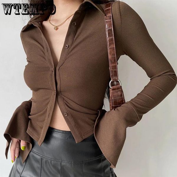 

shirts flaredsleeve shirt polo collar lapel fivecolor allmatch women's slim stretch longsleeved women shirts blouses, White