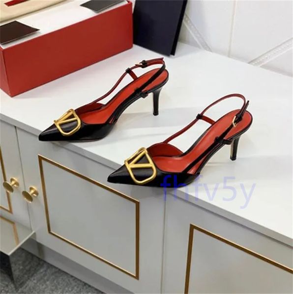 

designer brand women sandals high heel shoes genuine leather metal v buckle summer new pointed toe thin heels 6cm 8cm 10cm single shoes with, Black
