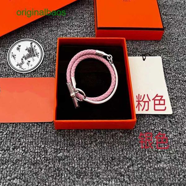 

original hemrres designer bracelet h home fashion style personalized versatile woven copper buckle 2023 autumnwinter new double layer leathe, Black