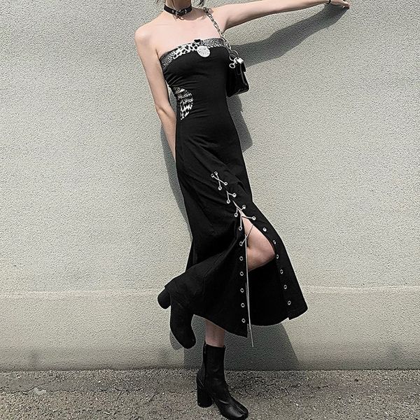 

casual dresse patchwork hollow out chest wrapping strapless summer bodycon side slit bandage night club party 230512, Black;gray