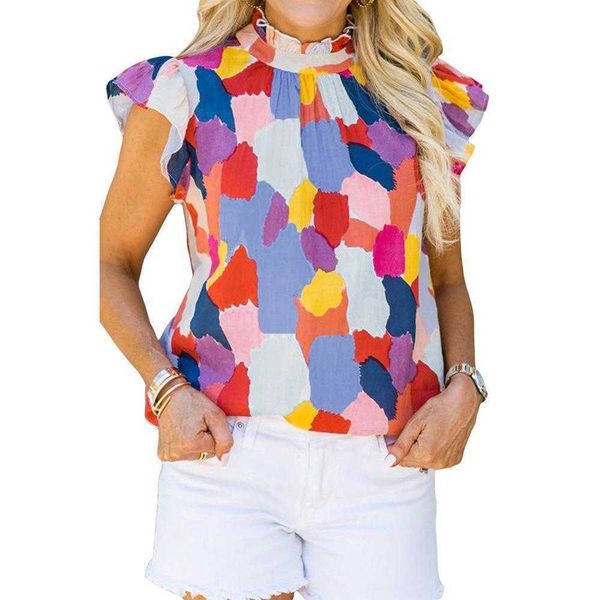 

color block printing and dyeing shirt short sleeve t womens fashion all matching outerwear top, White