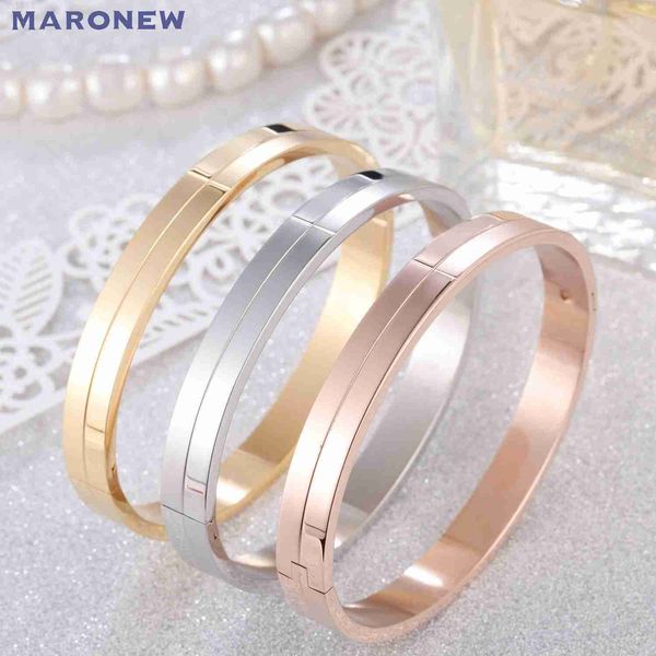 

maronew 18k gold plated rose gold plated silver classic cuff jewelry stainless steel high polished women splice bangle bracelet, Golden;silver