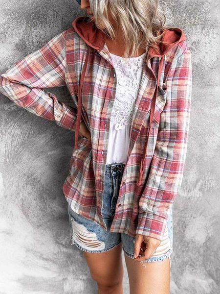 

shirts 2023 spring plaid shirt women hooded button up shirt female ladies autumn loose checkered shirt for women pink, White