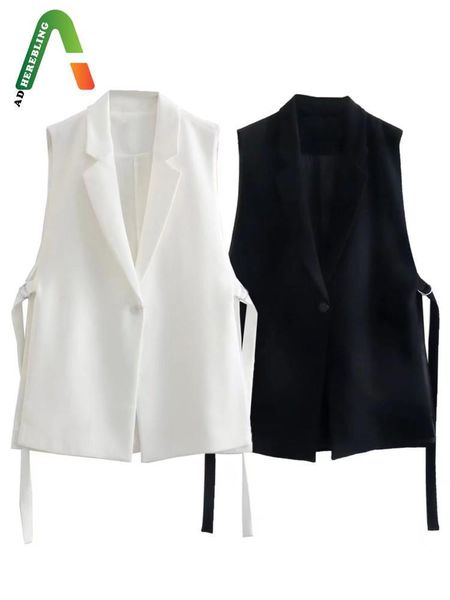 

leather adherebling 2022 autumn women casual single button traf waistcoats vents side ribbons sleeveless blazers female chic vest gilets, Black