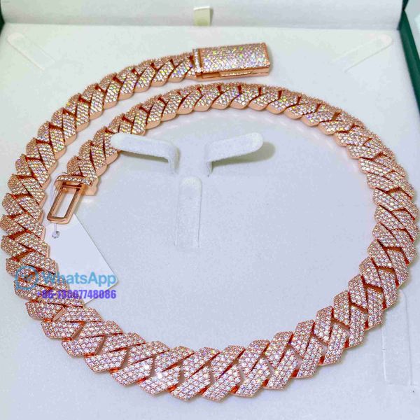 

hip hop jewelry rose gold plated iced out cuban link moissanite prong cuban link chain necklace diamond cuban chain, Silver