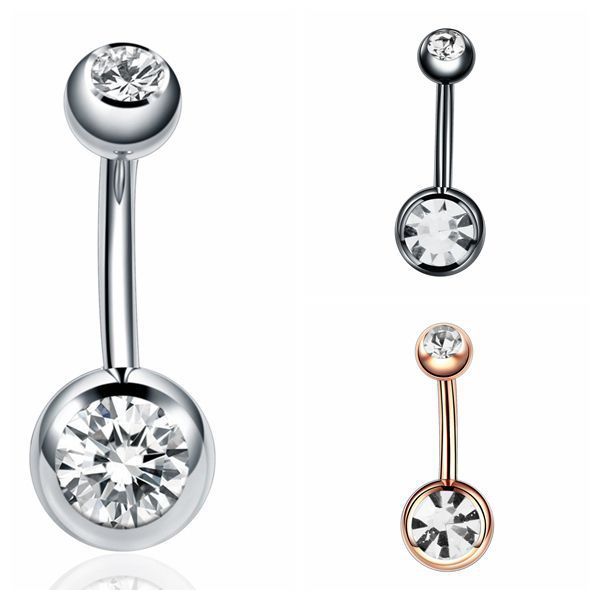 

rose golden belly button rings navel piercing bar double crystal head stainless steel cubic zirconia stone body jewelry 10pcs/set, Silver