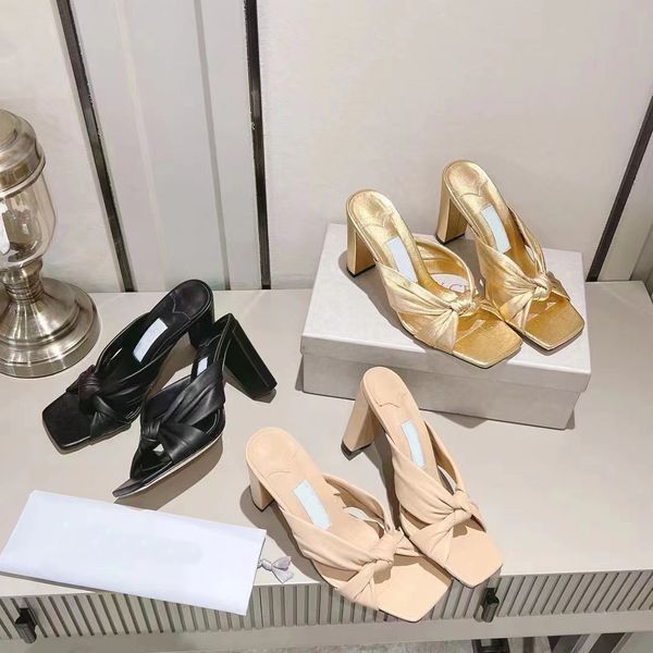 

thick heeled slippers fashionable women high heels luxurious designer sandals pleated sheepskin super soft and comfortable square toe 8cm ba, Black