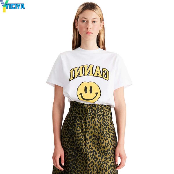

yiciya women designer t shirt classic yellow smiley face pattern loose versatile tees white round neck short sleeve female