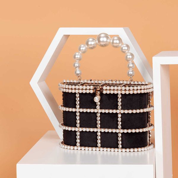 

totes luxury pearls rhinestones handbag women designer elegant metal cage velvet evening clutch purse chic hollow out shoulder bags 230509