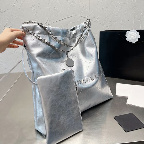 

women metallic silver oil wax leather 22 shopping bags coin charm metal hardware matelasse chain shoulder designer handbag large capacity wi