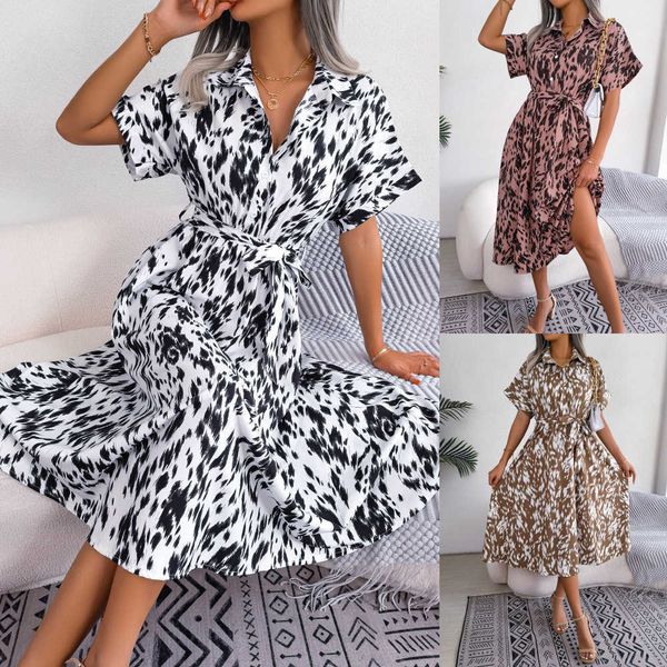 

summer new dress designer europe and the united states casual loose leopard print pattern laced shirt dress simple and comfortable versatile, Black;gray