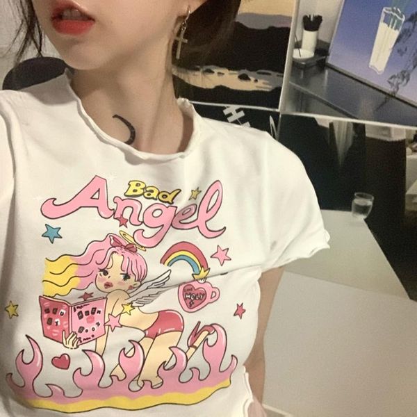 

t-shirt summer women's tshirts oversized anime y2k crop harajuku kawaii vintage graphic plus size korean aesthetic clothes, White