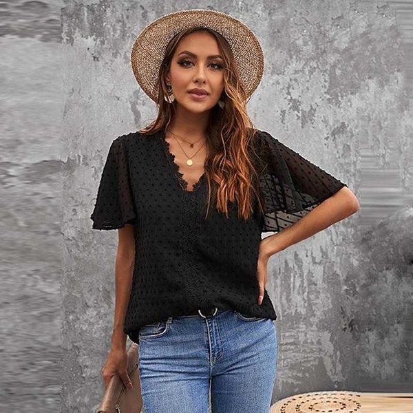 

womens chiffon shirt summer casual stylish stitching deep v neck short sleeved t for women, White