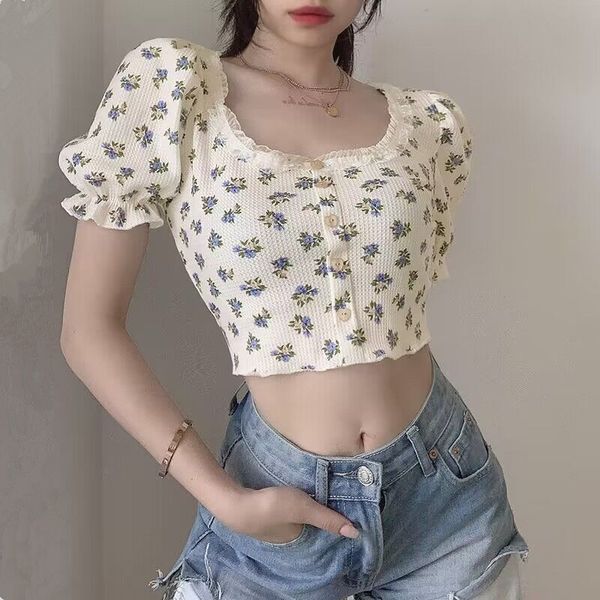 

multi-color and multi-size summer american retro ffloral waffle short t-shirt with bubble sleeves aand navel shirt/s-2xl, White