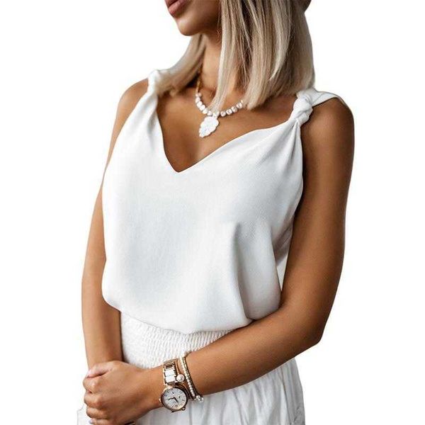 

v neck tanks knotted shoulder vest womens simple all matching sleeveless top, White