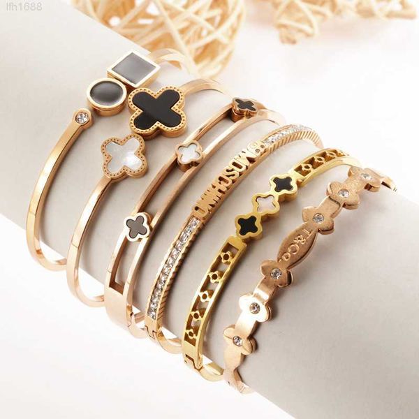 

wholesale stainless steel open bracelet jewelry lucky gold four leaf clover bangle cuff bracelet for women and girls, Golden;silver