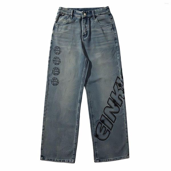 

men's jeans american streetwear grunge y2k hip hop denim trousers letter print appliques baggy brown for men straight leg blue pants