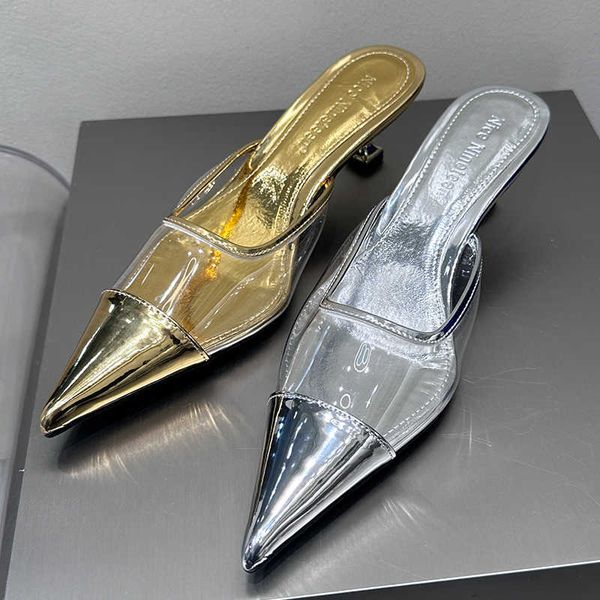 

slippers women medium heels pumps shoes mules 2023 luxury transparent fashion female pointed toe shallow ladies slides 230511, Black