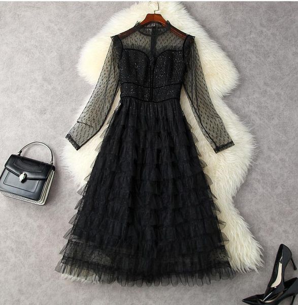 

long sleeve hearts tulle panelled tweed dress tiered round neck black / red mid-calf elegant casual dresses l3w132819, Black;gray